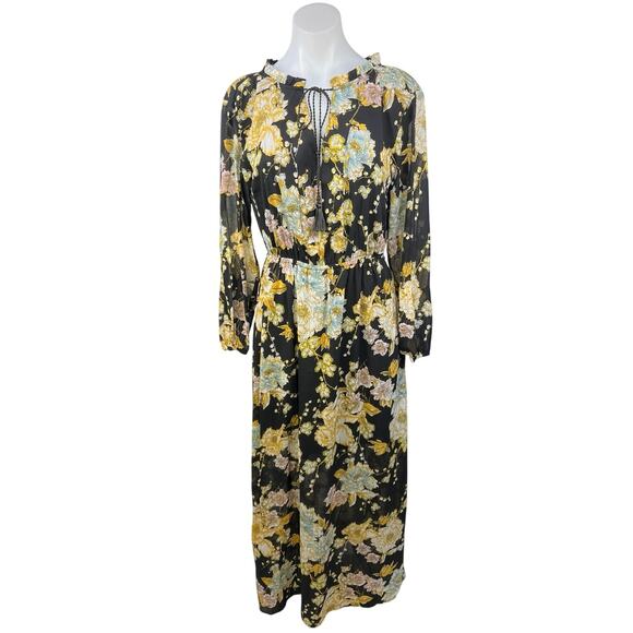 NEW H&M Black Multicolor Floral Ruffle Tassel V-neck Long Sleeve Maxi Dress Sz 2 - Picture 1 of 7